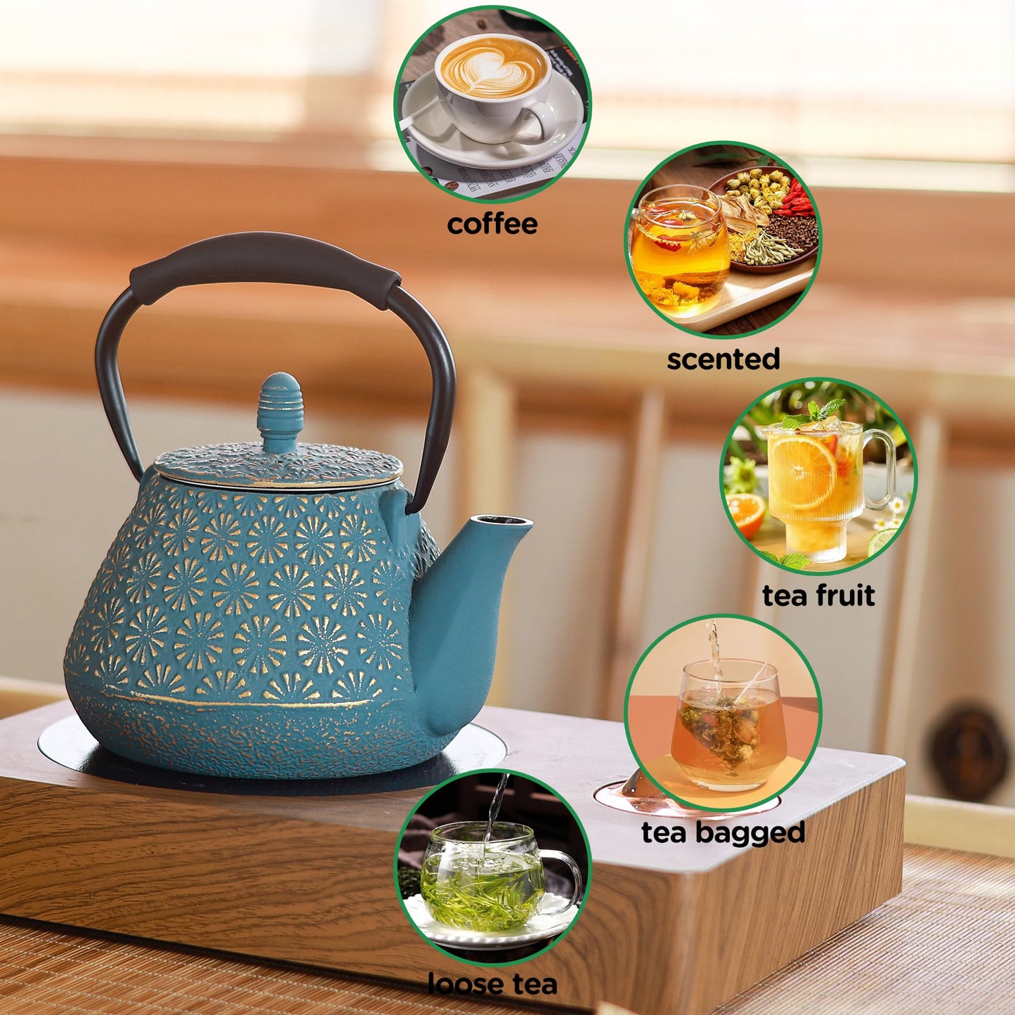 MILVBUSISS Cast Iron Teapot, 32oz Japanese Sakura Blossom Pattern Tea Kettle, Stovetop Safe, Infuser for Loose Leaf & Coffee, Silicone Handle, Enamel Interior, 950ml Blue