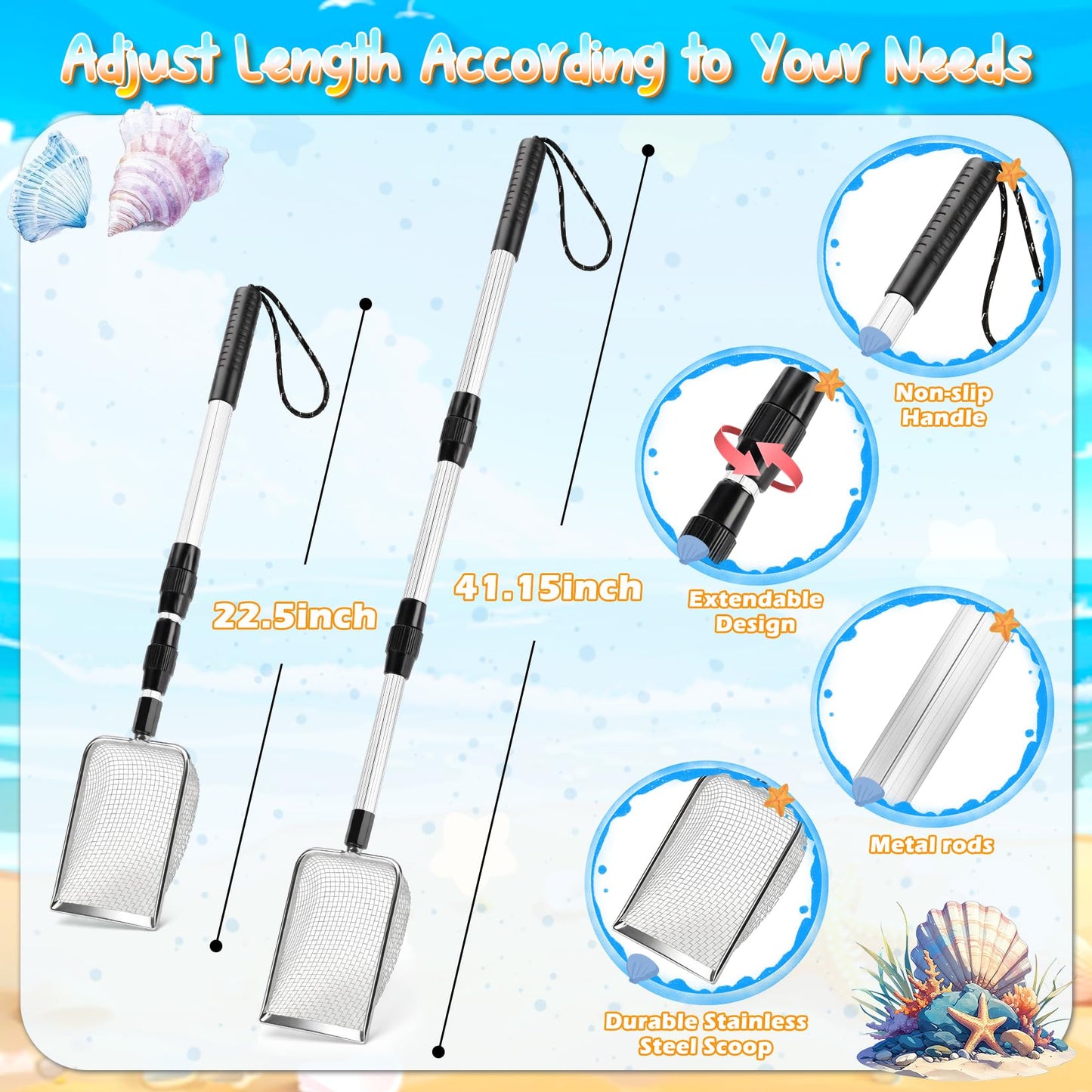 Beach Sand Toys Set with 2 PCS Adjustable Shark Tooth Sifter, Collapsible Beach Bucket,Sandbox Shovels,Sand Castle Kit,Diving Gem,Seashell Bags,Sand Sifter Shell Scooper Beach Essentials for kids 3-12