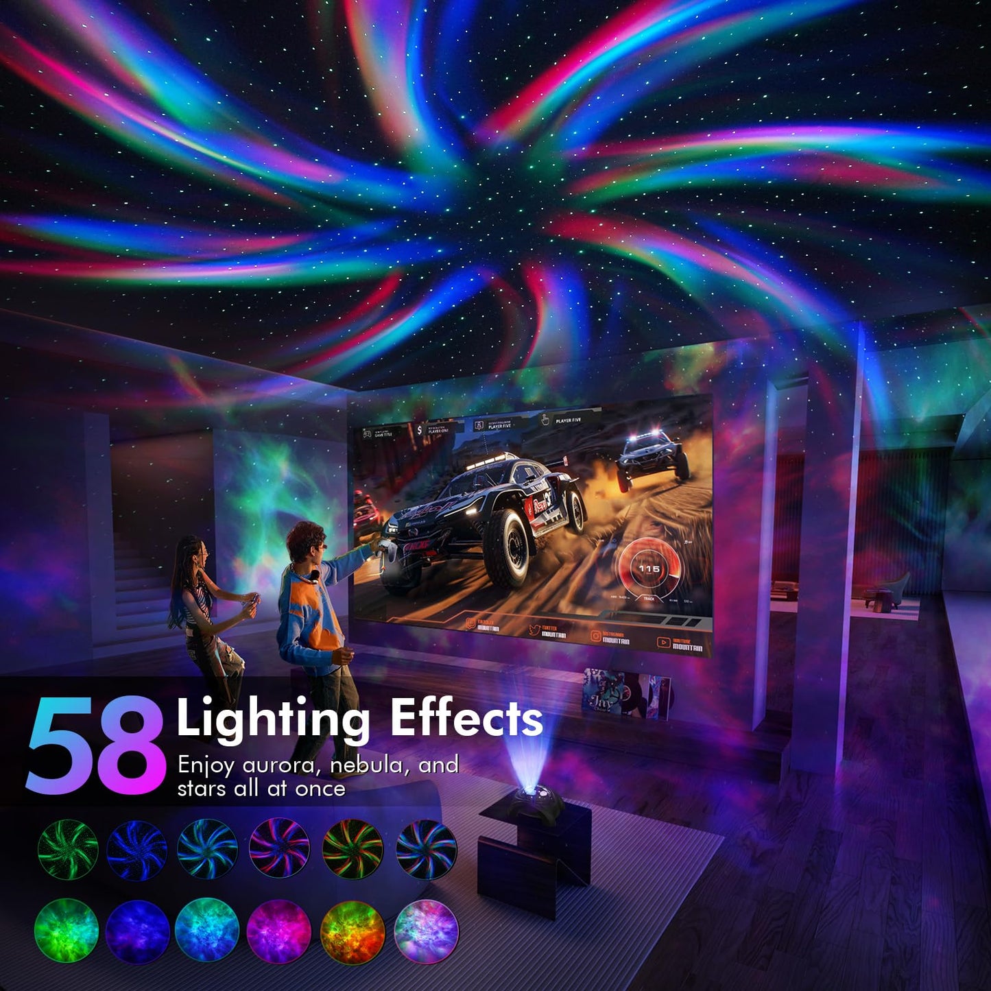 Rossetta Dual Lens Galaxy Projector, Star Projector for Bedroom with 58 Light Effects, Night Light Projector with White Noise & Bluetooth Speaker, Remote Timer, Room Decor Gift for Kids Adults Teens