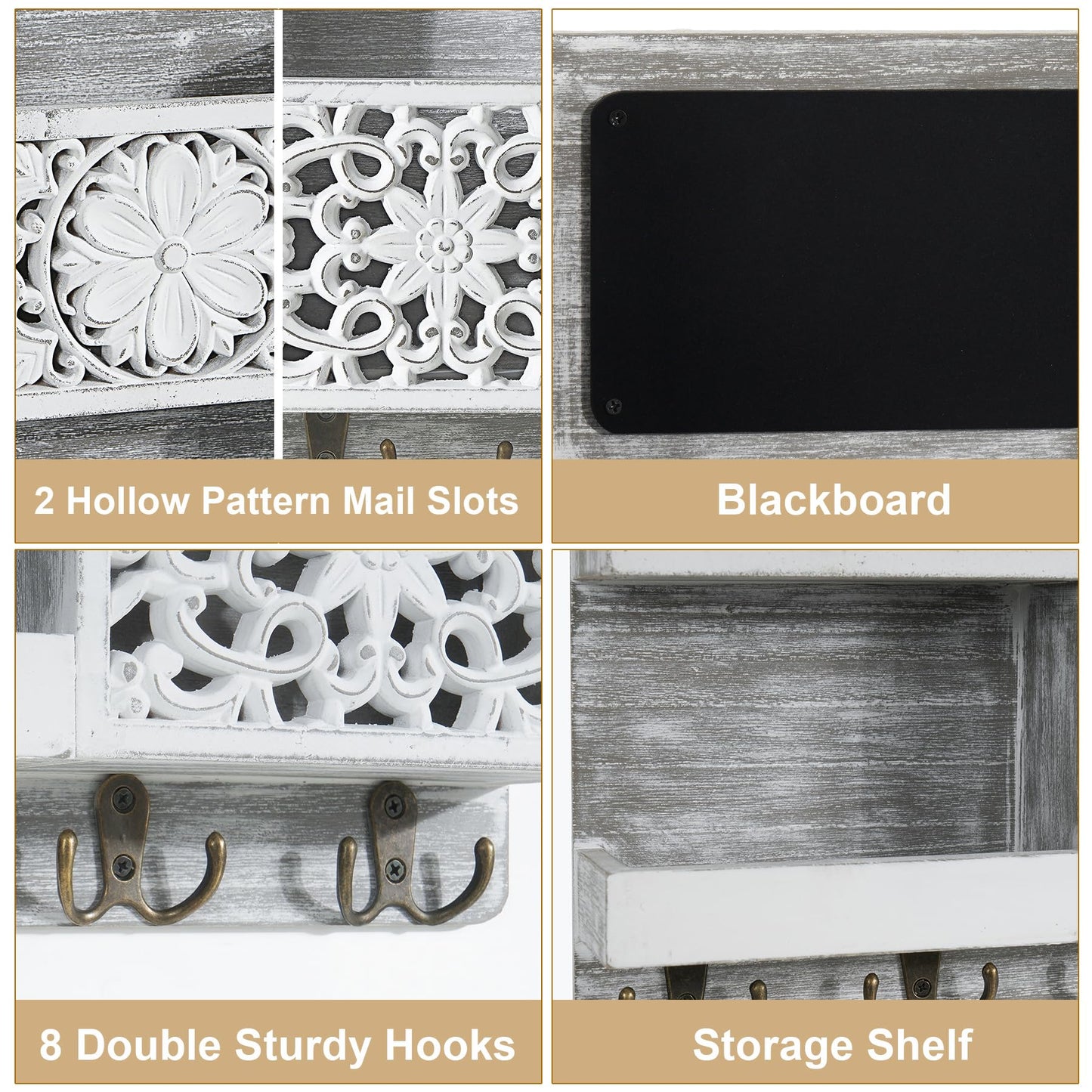 Dhmkfly Mail Organizer Wall Mounted, 2 Slots Key Holder for Wall with 8 Hooks, Rustic Wood Key Rack with Shelf for Entryway Hallwall Farmhouse