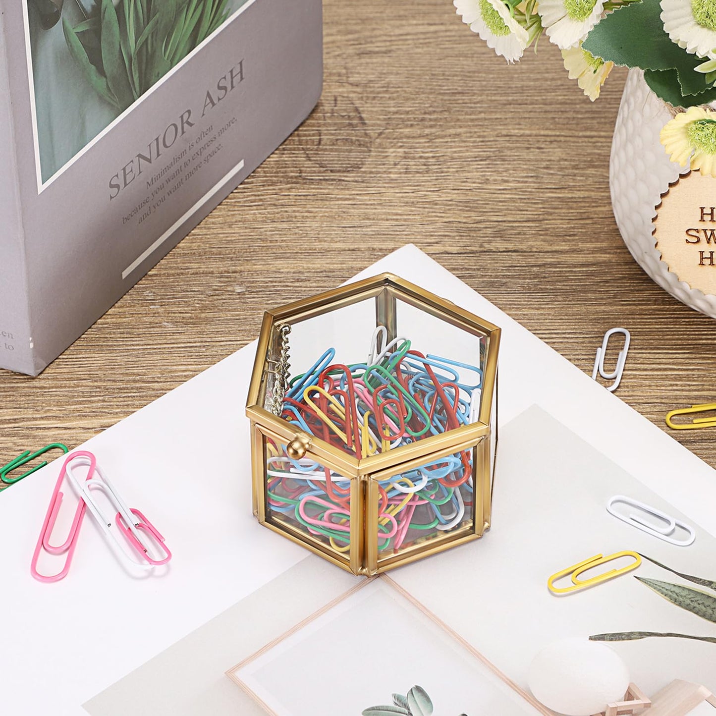 BTSKY Golden Glass Paper Clip Holder, Compact Hexagon Binder Holder for Desk, Clear Elegant Paper Clip Dispenser, Decorative Mini Storage Box Small Office Supply Accessory Organizer