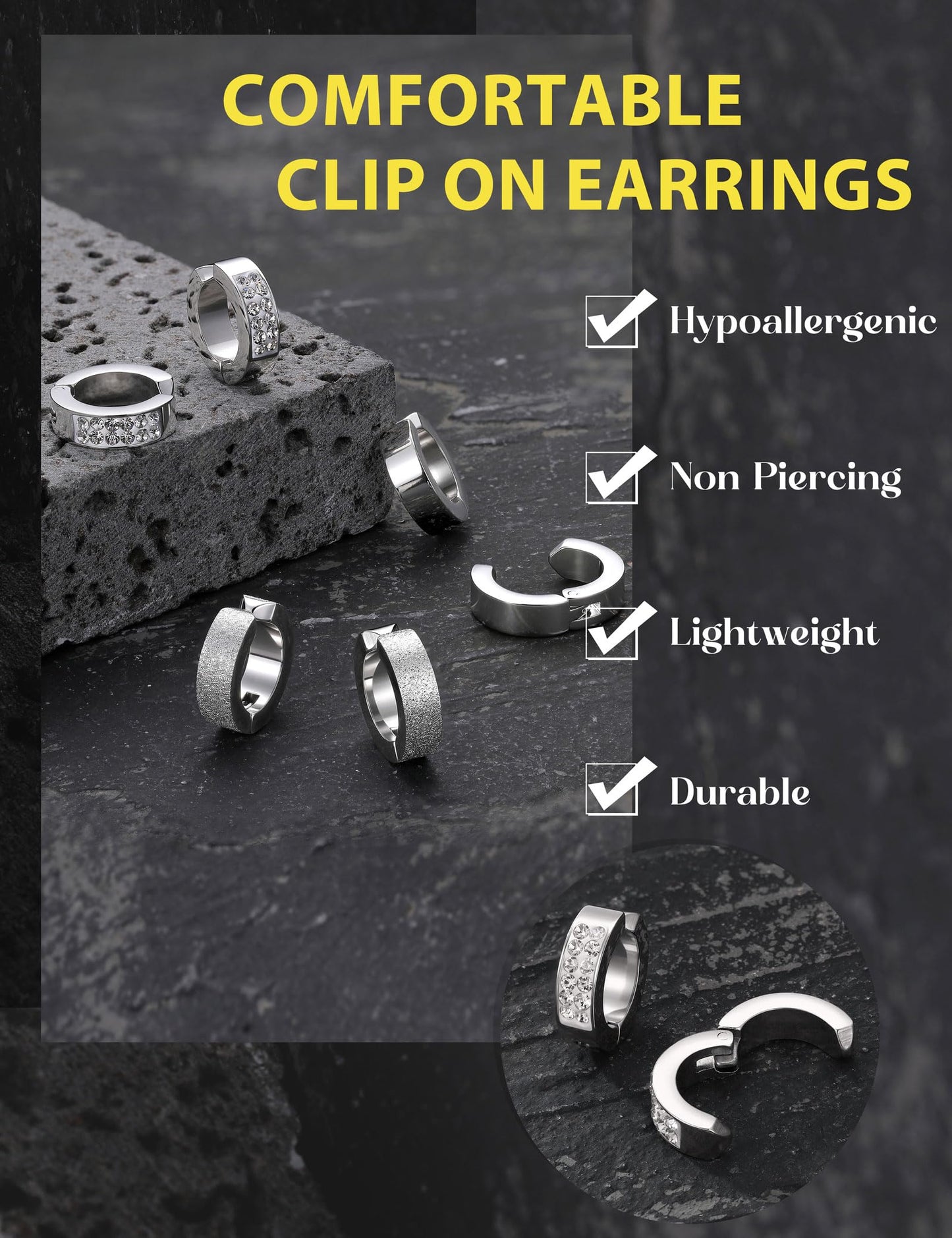 Jstyle 3 Pairs Stainless Steel Mens Womens Hoop Earrings Clip On CZ Non-Piercing S