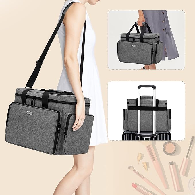 BAFASO Large Makeup Bag Cosmetic Bag with Removable Dividers, Travel Makeup Case Holds Cosmetics and Hair Supplies, Gray