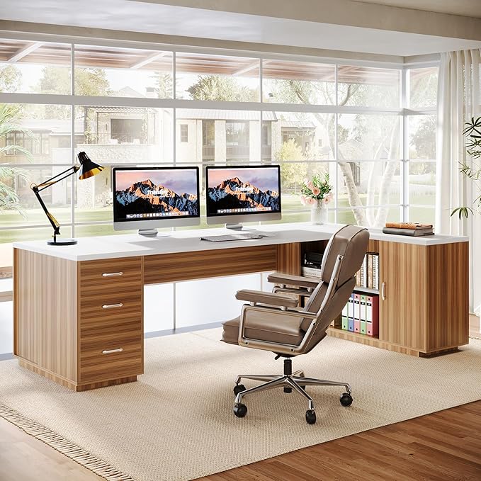 Tribesigns 85.8-Inch L-Shaped Executive Desk with File Drawers, Door Cabinet & Shelves, Extra Large Commercial Office Desk, Modern Professional Office Table, White & Brown Business Furniture