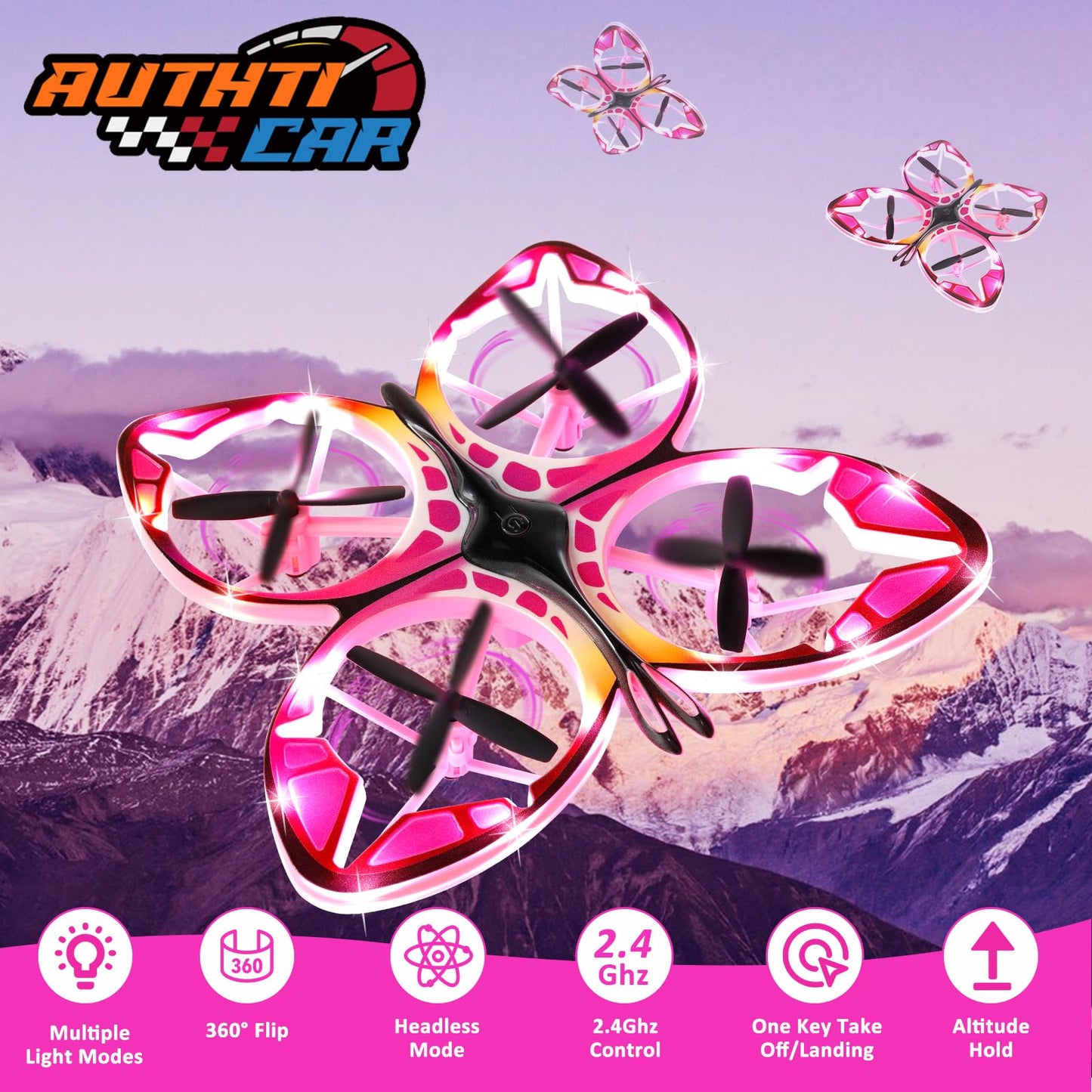 Authticar Mini Drone - RC Butterfly Drone for Beginners with Colorful Light, 3D Flip, Headless Mode, Altitude Hold, Remote Control Quadcopter Gift for Teens Adults