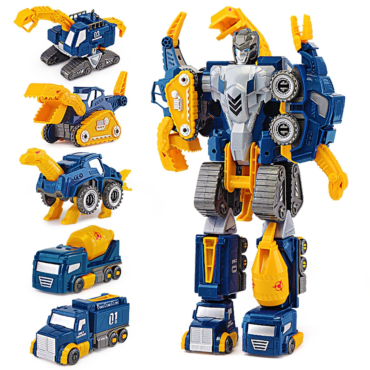 Fuzzy Pixie Toddler Construction Car Transform Set, 5pcs Dinosaur Rescue Robot with Magnetic Connectors, Assemble Building Trucks DIY STEM Toy, Birthday Present for Kids Boy Girl 3 4 5 6 7 Year