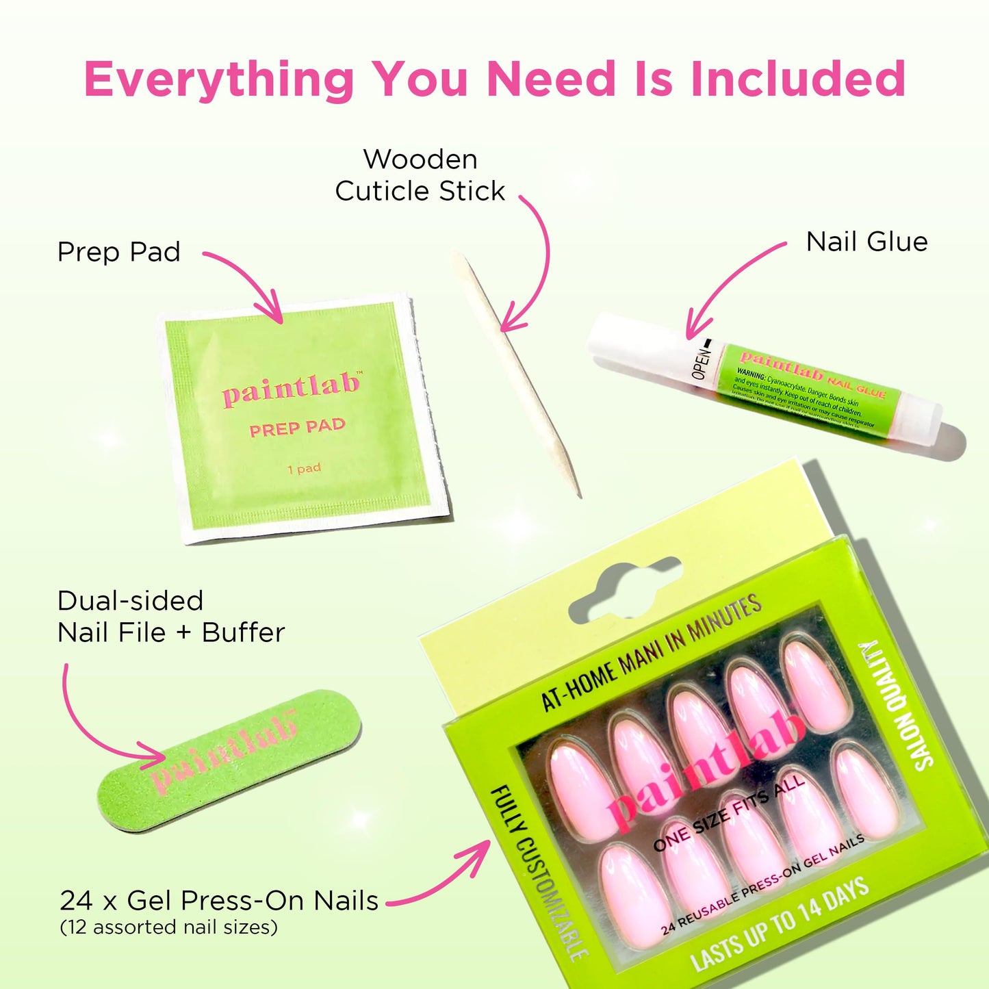 PaintLab Press On Nails - Cotton Candy Pink Chrome Almond Fake Nails, 30 Nails in 15 Sizes with Glue, Reusable Salon Quality Press On Nails