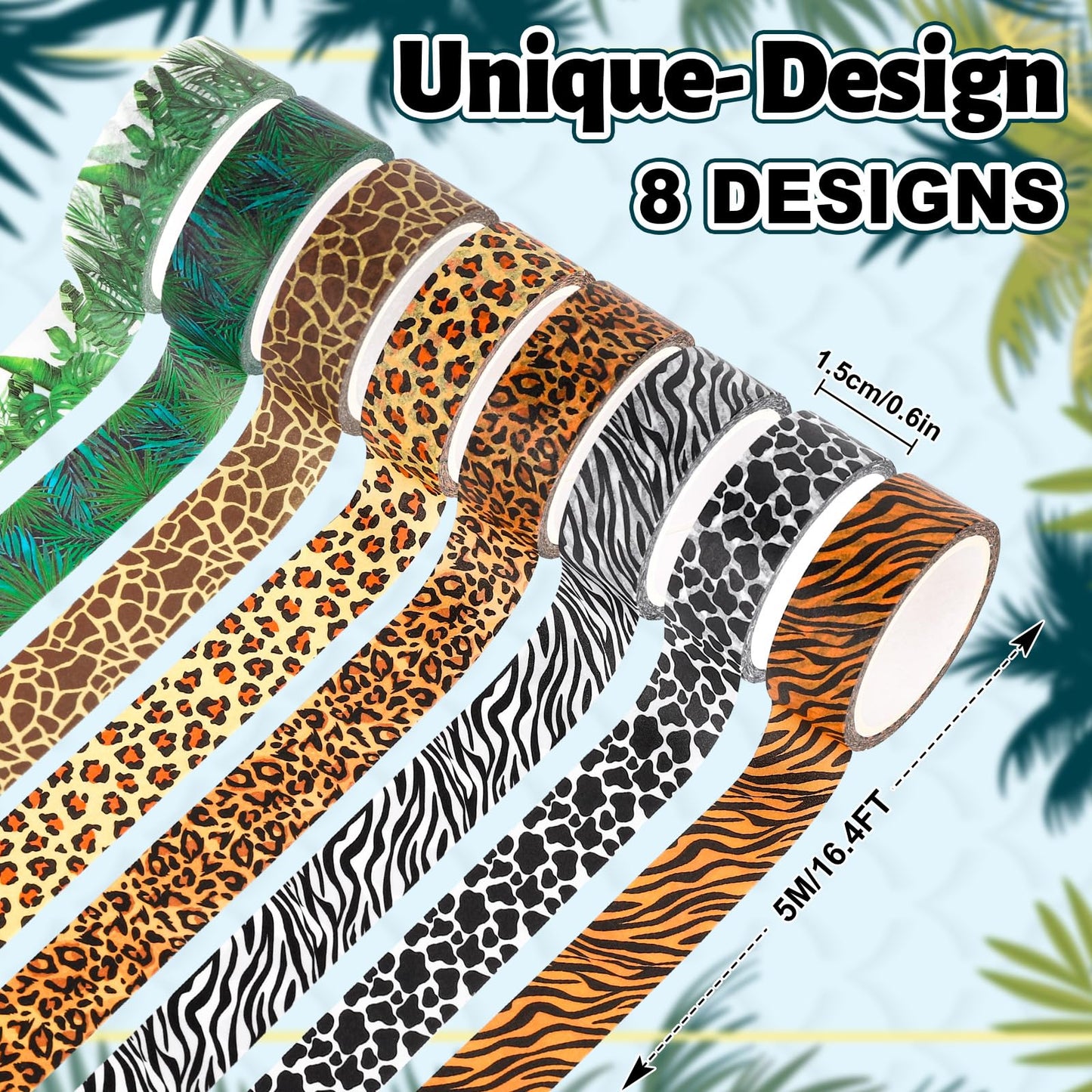 Whaline 8 Rolls Animal Prints Washi Tape Safari Jungle Decorative Masking Tape Set Leopard Cheetah Zebra Tiger Giraffe Greenery Wrapping Paper Tapes for Scrapbook Journal DIY Art Crafts