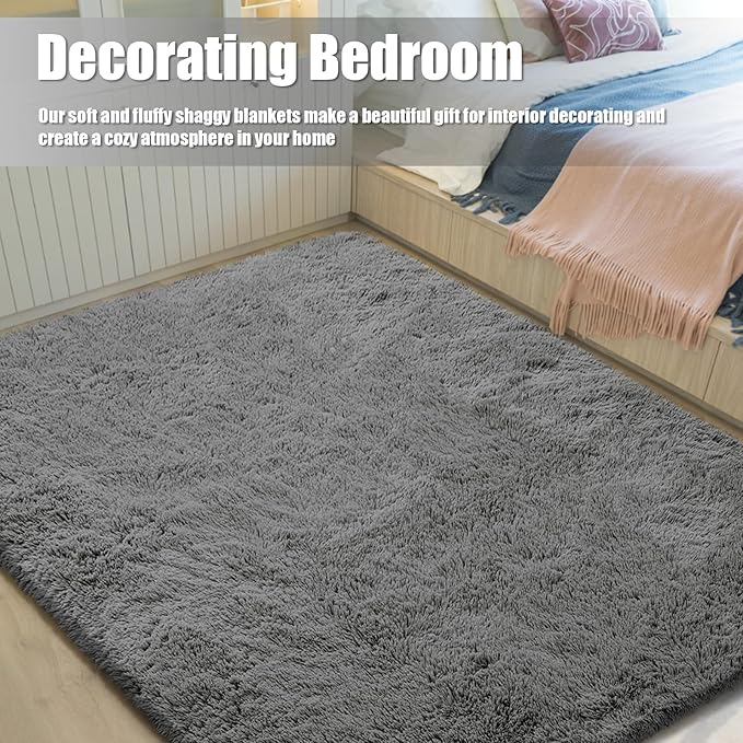 Shag Area Rug for Bedroom 5x8,Deep Grey Fluffy Area Rugs for Living Room,Soft Fuzzy Rug Non-Shedding Indoor Plush Carpet for Kids Bedroom Nursery Dorm Home Decor