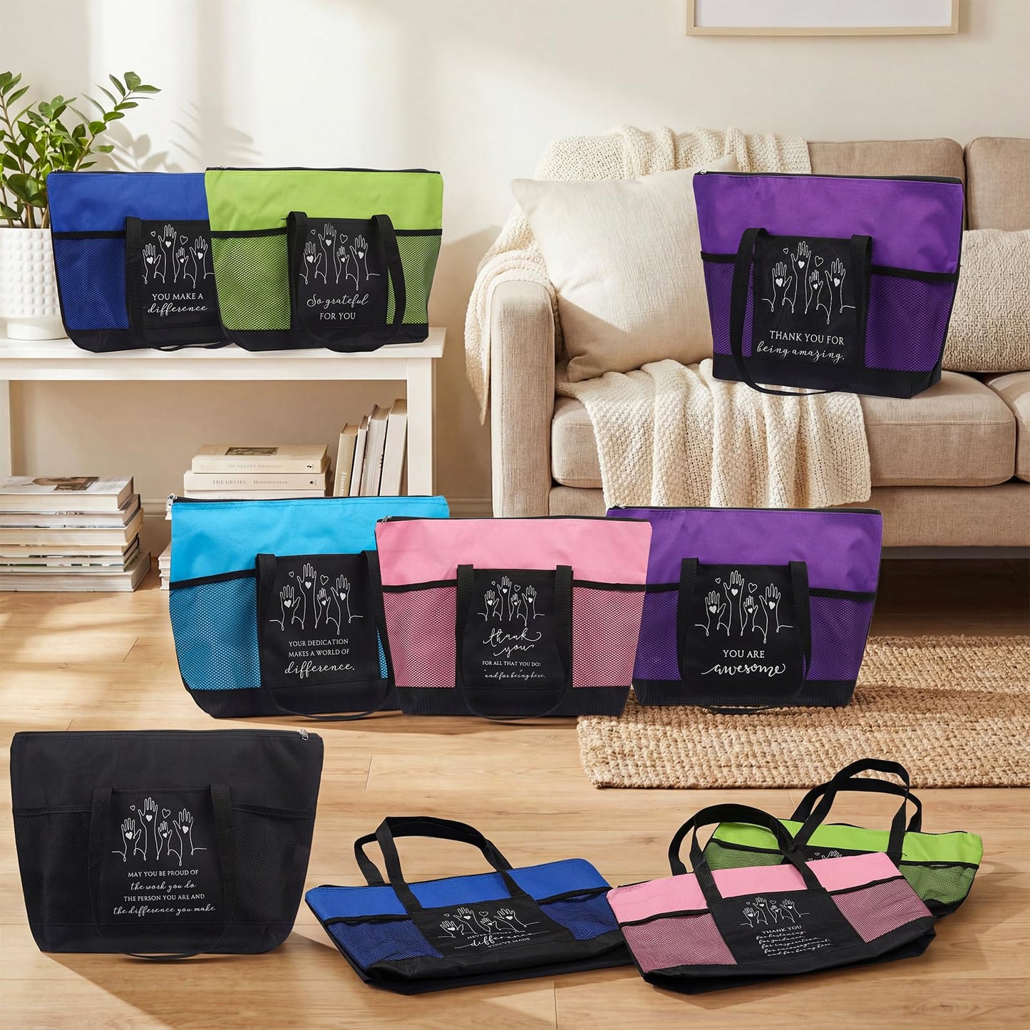 Paterr 10 Pcs Volunteer Appreciation Gifts Bulk Large Tote Bags with Zippered Mesh Pocket Inspirational Gift for Women Men(Multicolor)