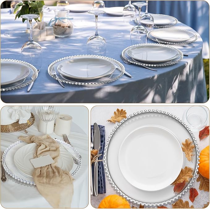Hoolerry 12 Pcs Clear Charger Plates Bulk 13 Inch Plastic Round Dinner Plate with Beaded Rim Acrylic Round Plates Decorative Charger Service for Home Birthday Wedding Party Events Table Decor