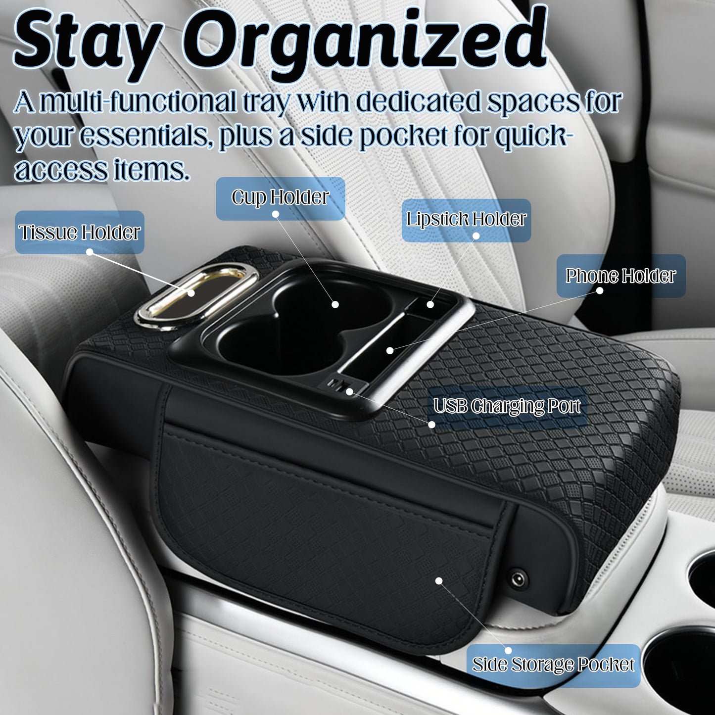 GioXtra Car Armrest Box Mat - Multi-Functional Black Leather Center Console Cover Waterproof Height Enhancement Cushion with Storage Box Cup Tissue Phone Holder Card Pocket for Car Interior Accessory