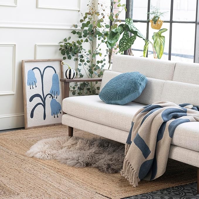 Bloomingville Woven Reclaimed Cotton Blend Printed Sheet with Abstract Design and Fringe, Blue and Beige Throw Blanket