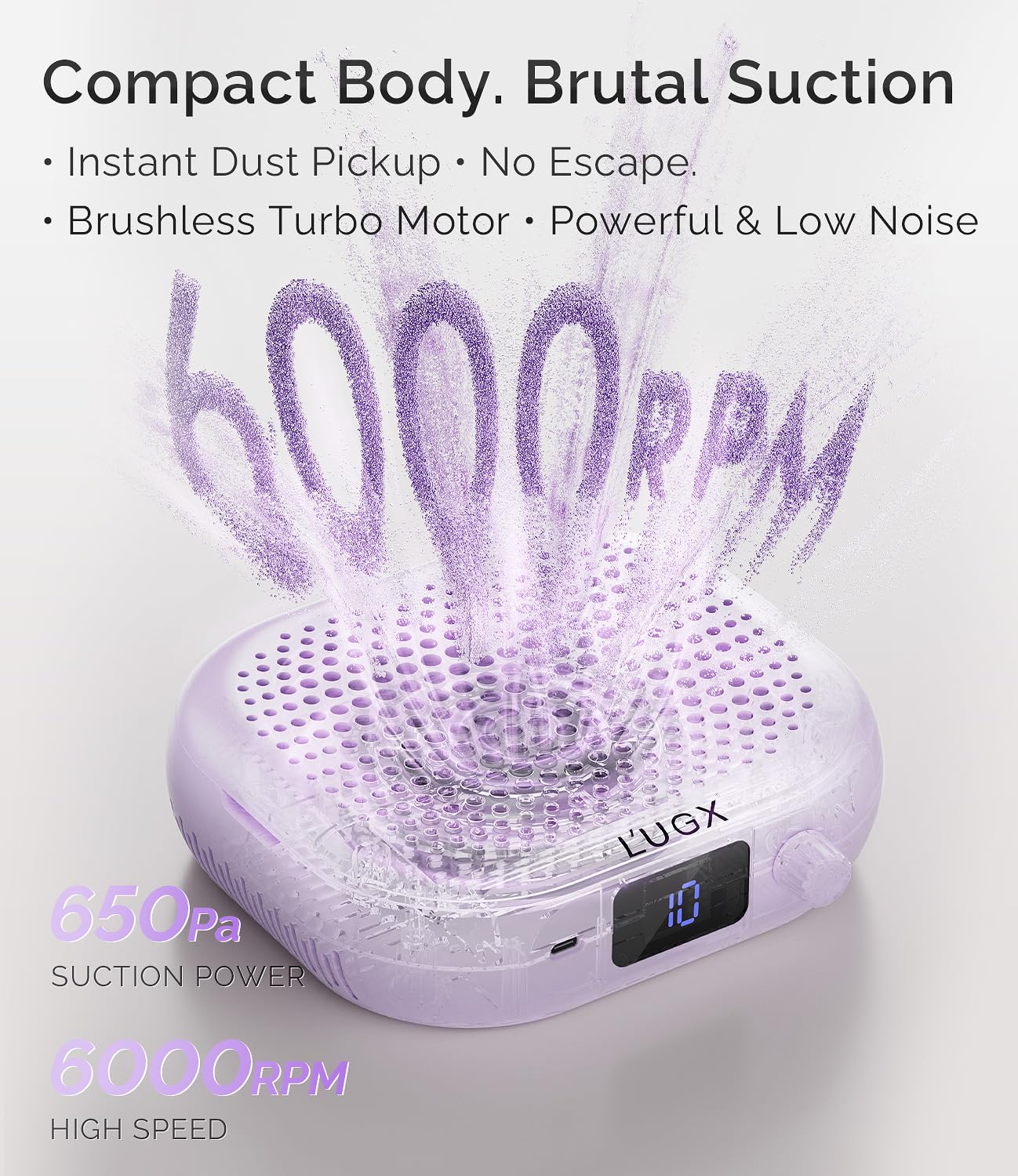 L'UGX Dust Collector Nail Tech – Compact Nail Dust Collector Profesional with Strong Suction, 10-Speed Turbo Fan, LED Display & Low Noise Nail Dust Cleaner for Home & Salon Use-Lilac Dream
