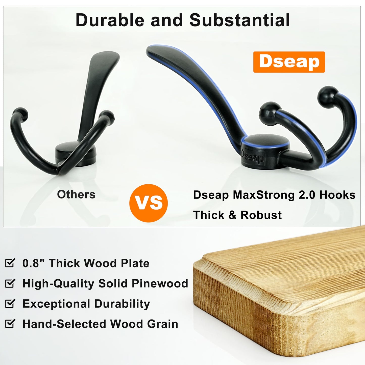 Dseap Coat Rack Wall Mount - Heavy-Duty Robust Rustic Wooden Wall Coat Hanger Hook Rail with 5 Triple Hooks for Winter Jacket & Hat Clothing, Light Brown & Black