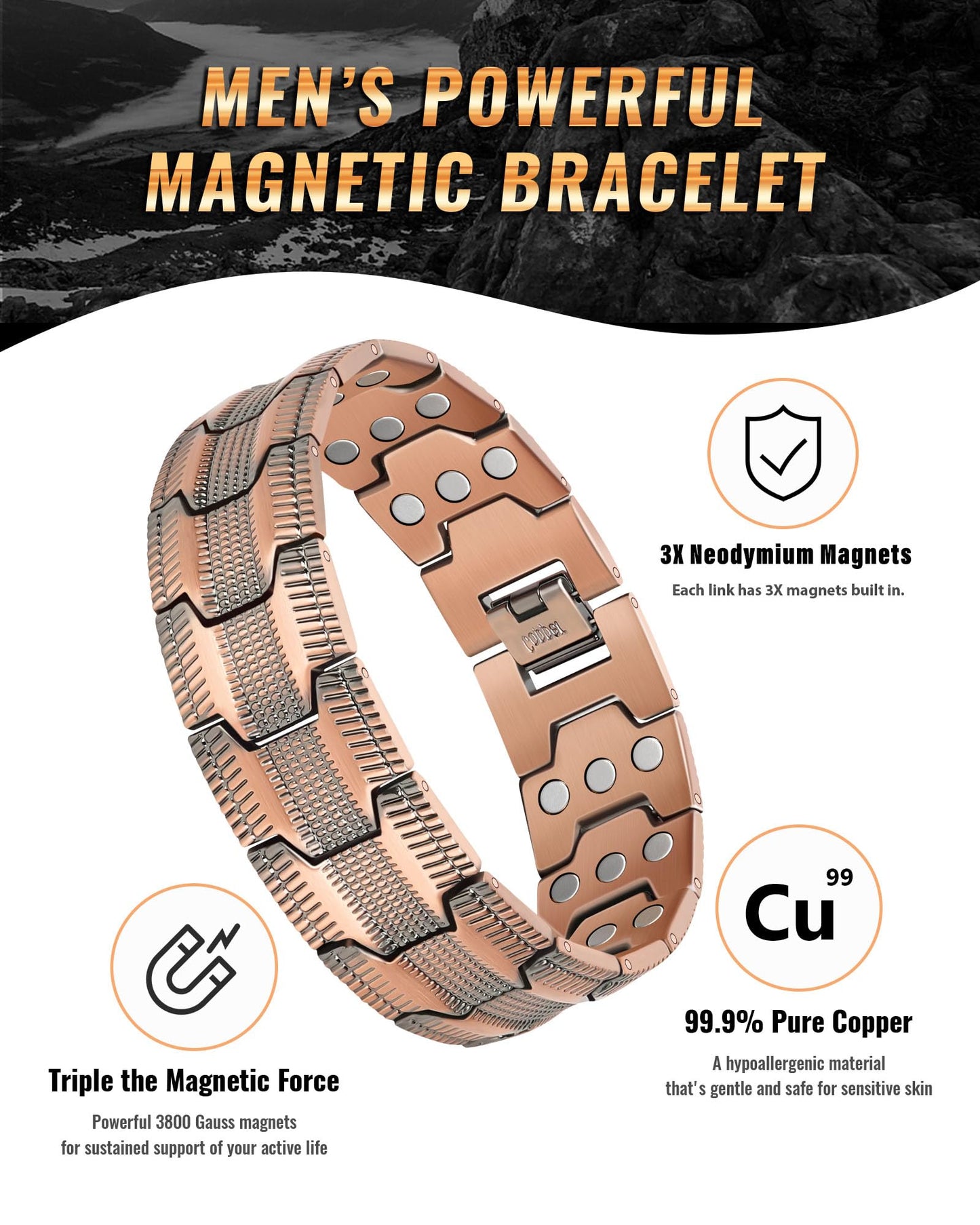 vapeples 99.99% Pure Copper Men's Bracelet with 3800 Gauss Triple-Strength Magnets, Foldover Clasp, and Adjustable Size,Shield Design