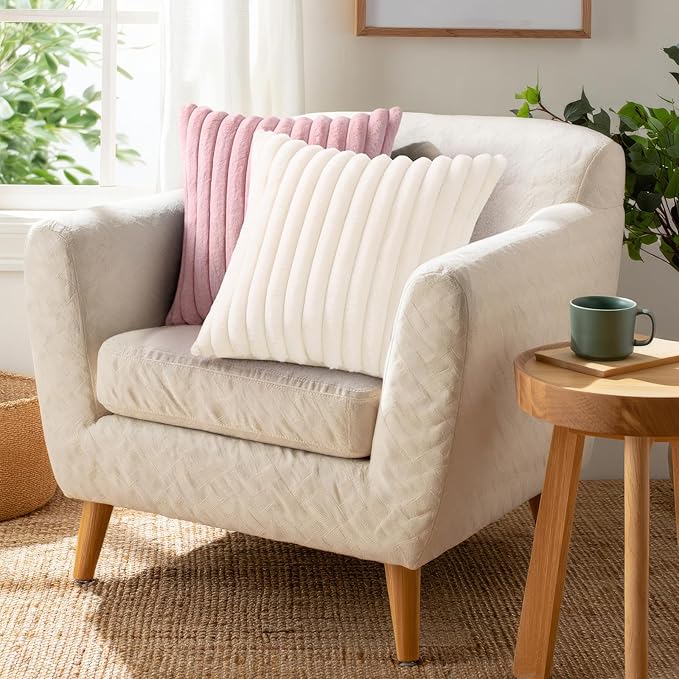 Pallene Faux Fur Plush Throw Pillow Covers 18x18 Set of 2, Luxury Soft Fluffy Striped Decorative Pillow Covers for Sofa, Couch, Living Room, Blush Pink
