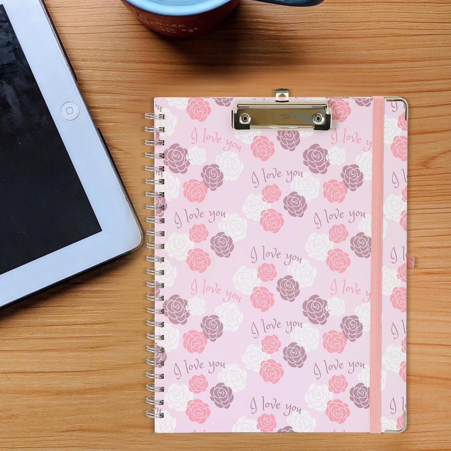 Clipboard Folio Spiral Folder Board,5 Extra Folders with 10 Storage Pockets,Refillable Lined Fillable Notepad,Folded Clipboard with Storage,Suitable for Office,School and Student (Pink Love Flower)