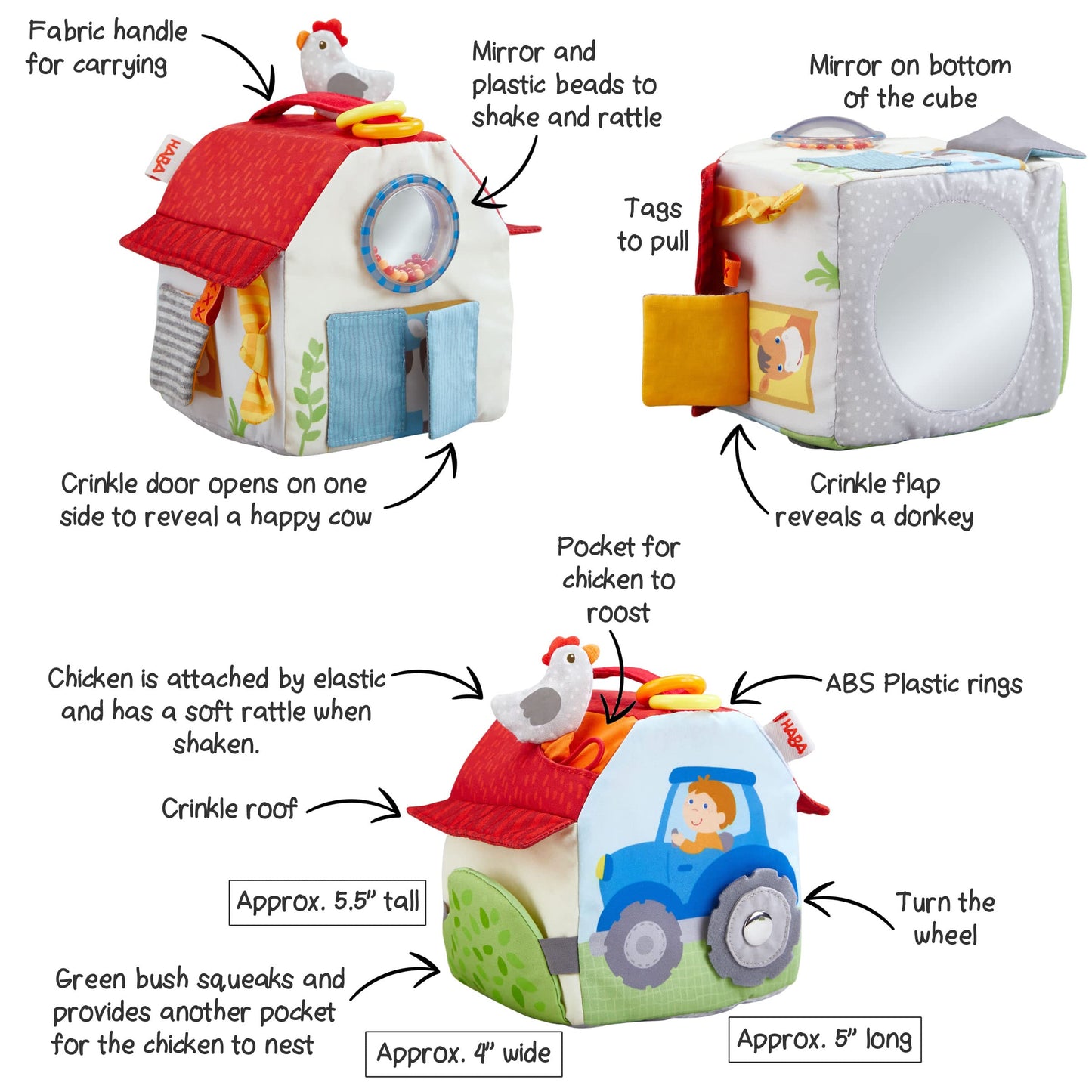 HABA Sensory Play Cube Farmyard - Infant Toys for Tummy Time and Best Toys for Baby Development for 6 Months+ with Rattle, Crinkle Sounds and Tactile Effects