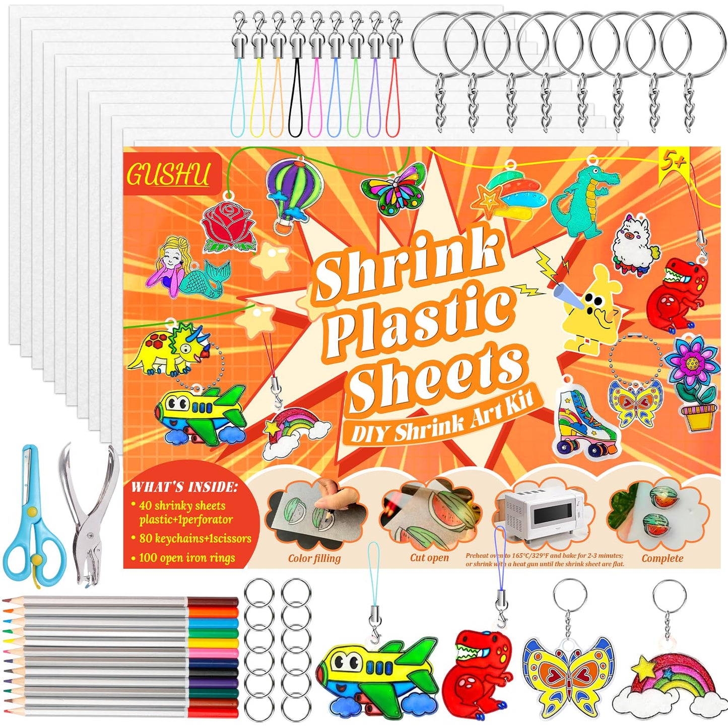 Gushu 235 Pcs Shrinky Plastic Sheets Keychain Kit, 40 Pcs Shrink Paper Sheets, Hole Punch, Pencils, Keychains, Accessories for DIY Crafts, Creative Handprint Art for Teens & Adults