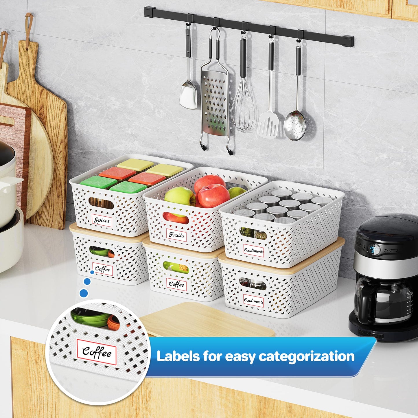 Anysig 8 Packs Plastic Storage Bins with Bamboo Lids - Stackable Storage Bins Decorative Small Basket Containers for Organizing Shelves Office Classroom Desktop Closet, Cream White