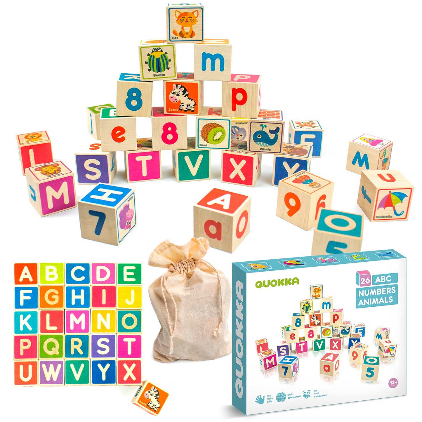 QUOKKA Wooden Blocks for Toddlers 1-3 - 26 ABC Learning Baby Blocks for Kids 3-5 Year Olds Stacking Alphabet Wood Toys for 2-4 yo - Educational with Letters Numbers - Updated Edition