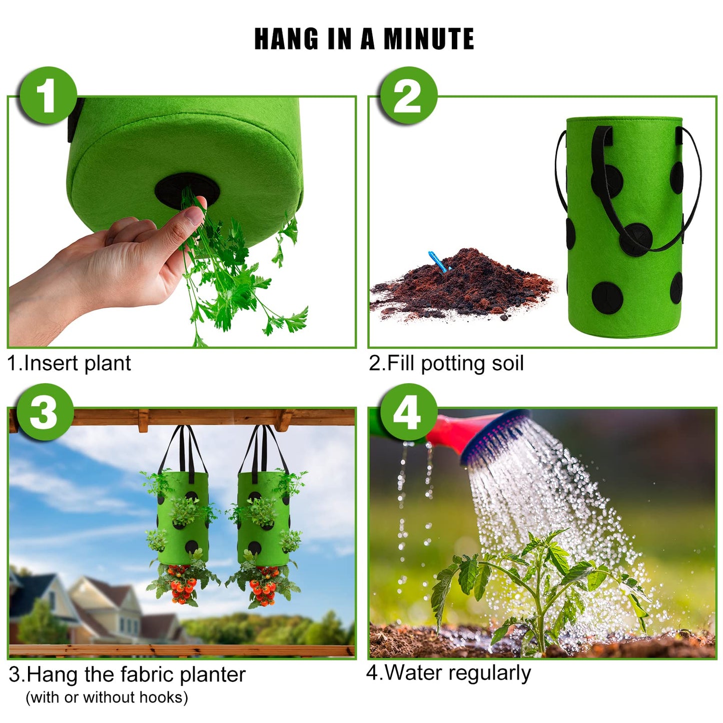 Homyhoo 2 Pack Green Upside Down Tomato & Herb Planter, Outdoor Hanging Durable Aeration Fabric Strawberry Planter Bags