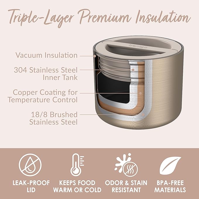 Bentgo Stainless Insulated Food Container - 2.4 Cups (19 oz), Triple-Layer Insulation, Vacuum Seal, Leak-Proof, Built-In Handle, Wide Opening, Premium Stainless Steel, for Cool/Warm Foods (Gold)