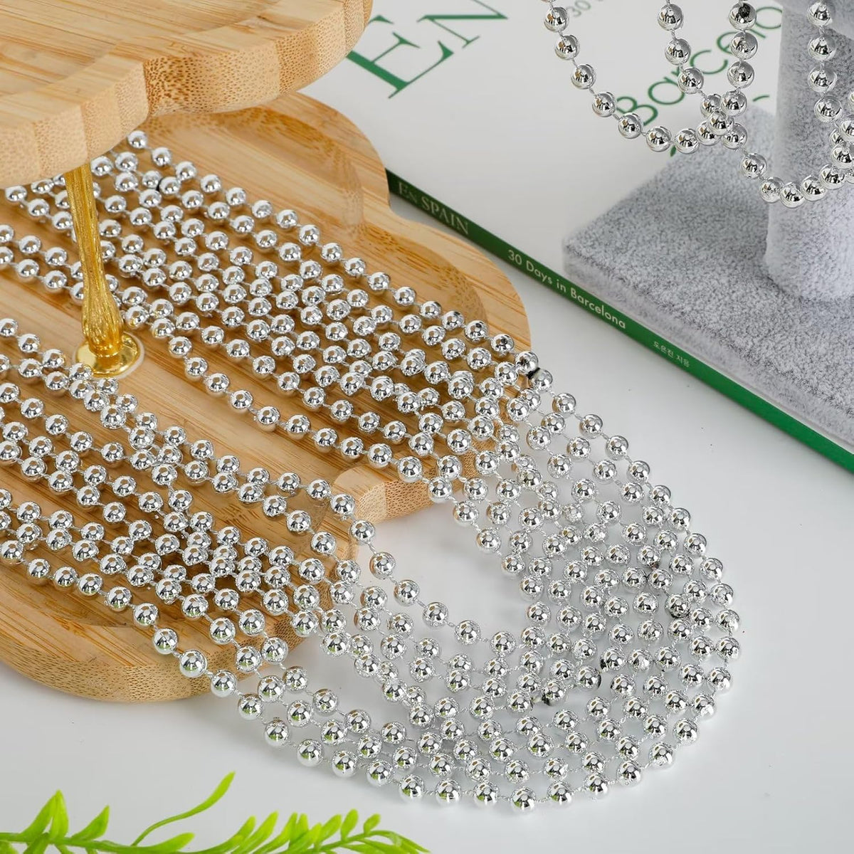 144PCS Bead Necklace, Silver Christmas Mardi Gras Beads Stuff Party Favors, 33" Xmas Necklaces Costume Bulk, Festival Events Parade Throw Accessories for Wedding Birthday Celebrations Decorations