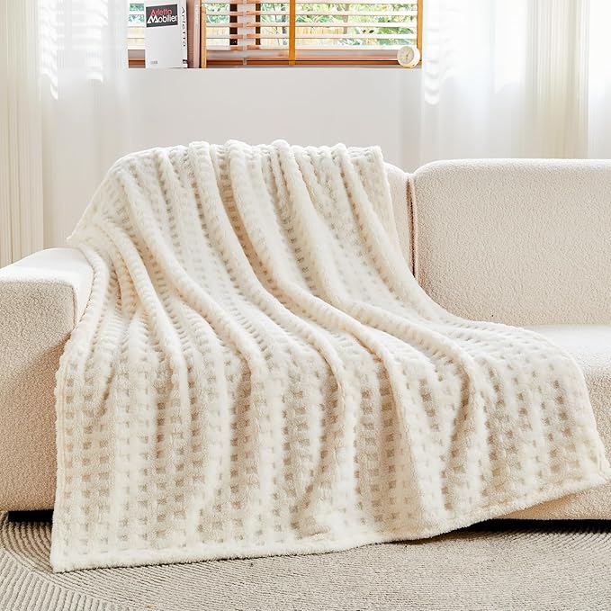 NEWCOSPLAY Super Soft King Blanket Ivory Premium Silky Flannel Fleece 3D Waffle Checkered Lightweight Bed Blanket All Season Use (Ivory, King(90"x110"))