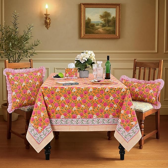 Ridhi Hand Block Print Bubblegum Pink Rectangle Cotton Tablecloth 108" x 60" Reusable Table Cover Decorative Everyday Use for Dining, Farmhouse, Home Gift for Spring, Easter, Valentine