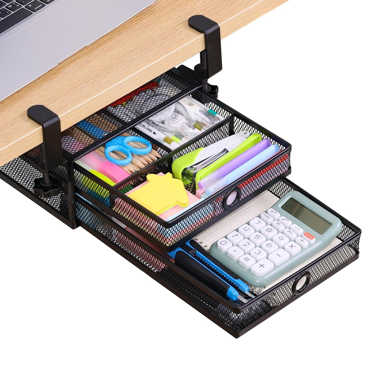 Euyona 2-Tier Clamp-On Mesh Organizer, Under Desk Storage with Slide-Out Tray, No Drilling Tool-Free Installation, Durable Rust-Resistant Metal, Large-Capacity Organizer.