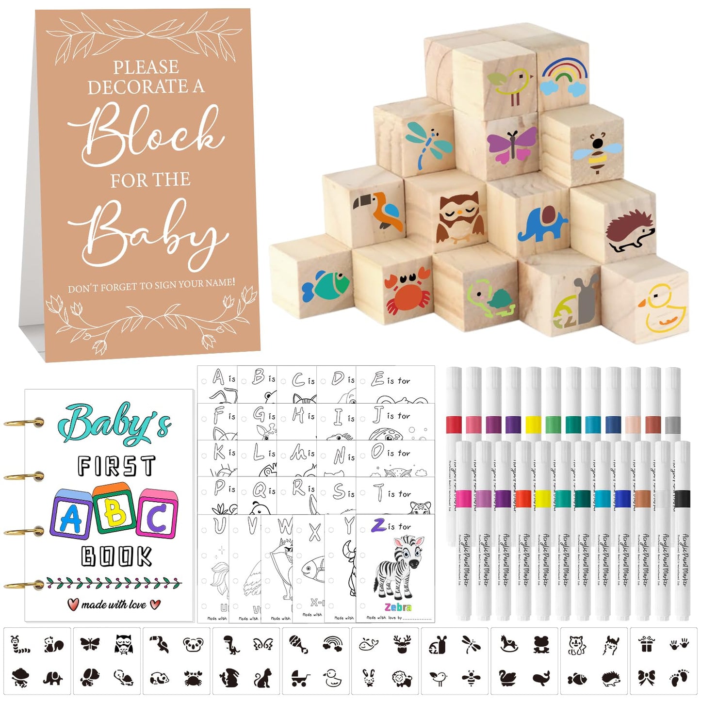 Aisharery 146 Pcs Baby Shower Game Sign Set Includes Decorative Square 54 DIY Blank Wooden Blocks 24 Paint Markers 27 Page Baby‘s First ABC Book