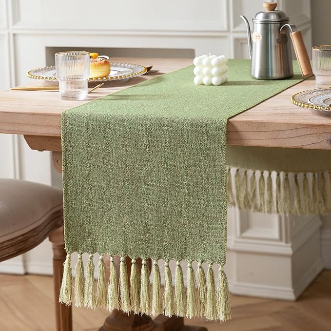 ZeeMart Green Table Runners 36 Inches Long, Burlap Linen Style Rustic Farmhouse Table Runner, Small Short Boho Coffee Table Runner, 13x36 Inches, Grass Green