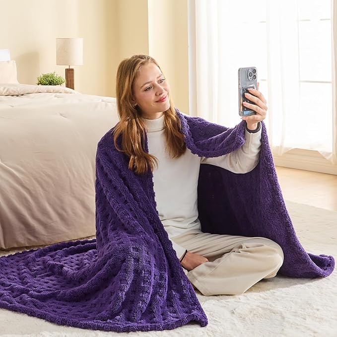 NEWCOSPLAY Super Soft Throw Blanket Purple Premium Silky Flannel Fleece 3D Waffle Checkered Lightweight Bed Blanket All Season Use (Dark Purple, Throw(50"x70"))