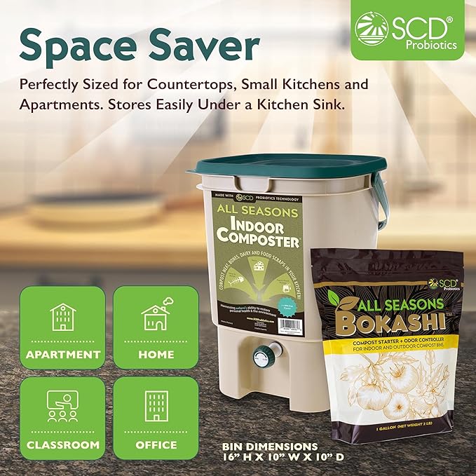 All Seasons Indoor Composter Starter Kit - Two Family-Sized Composting Bins for Kitchen Countertop and Bokashi Bran Starter 5 lb (2 gallons), Easily Compost Food After Every Meal, Odor Free