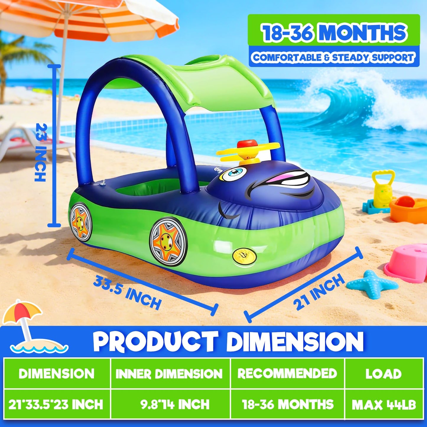 iGeeKid Inflatable Baby Pool Float with Canopy, Safty Seat for Infant Baby Swim Float Rings Car Shaped Swimming Pool Floaties for Babies Toddler Age of 18-36 Months (Blue)