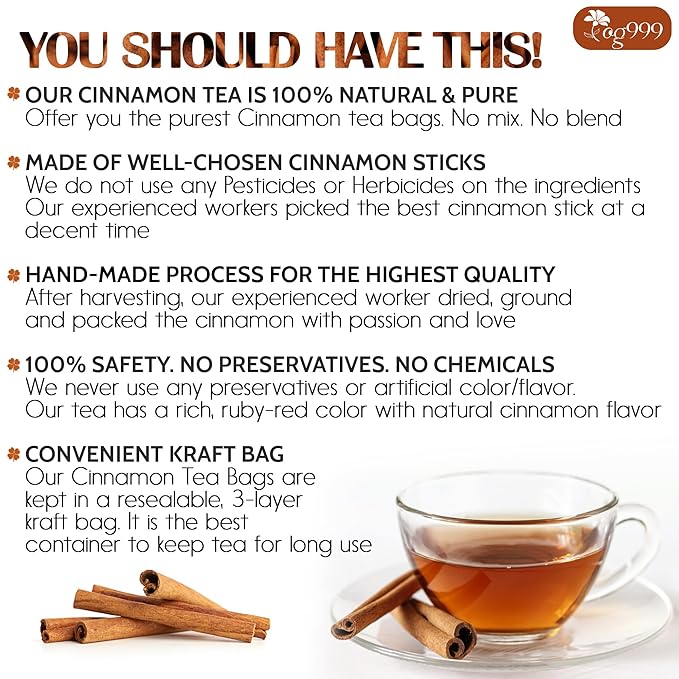 TOG999, Premium 30 Tea Bags - Special Cinnamon Tea, 100% Natural & Pure, Herbal Tea. Cinnamon Stick Herbal Spice