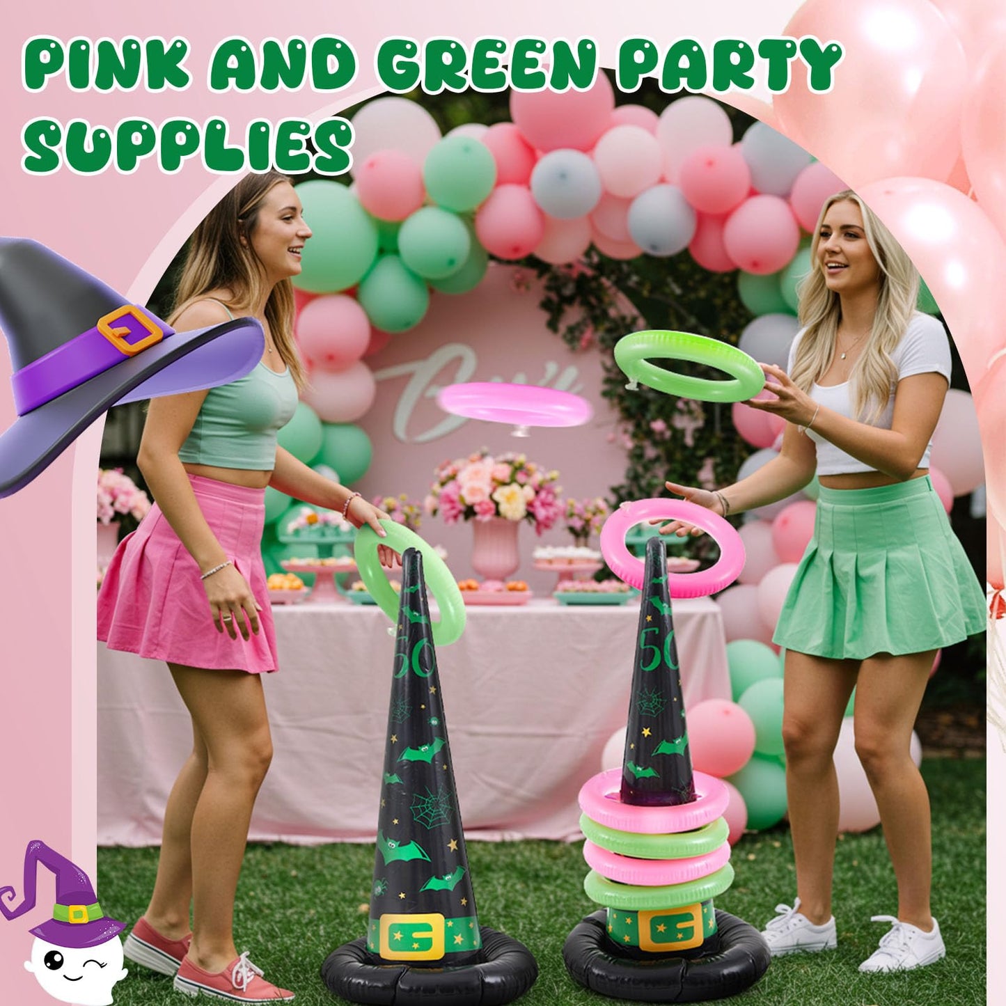 Leitee 10 Pcs Inflatable Witch Hat Ring Toss Game Set Carnival Pink and Green Inflatable Ring Toss for Witch Themed Birthday Party Decoration Indoors Outdoors(Macabre)