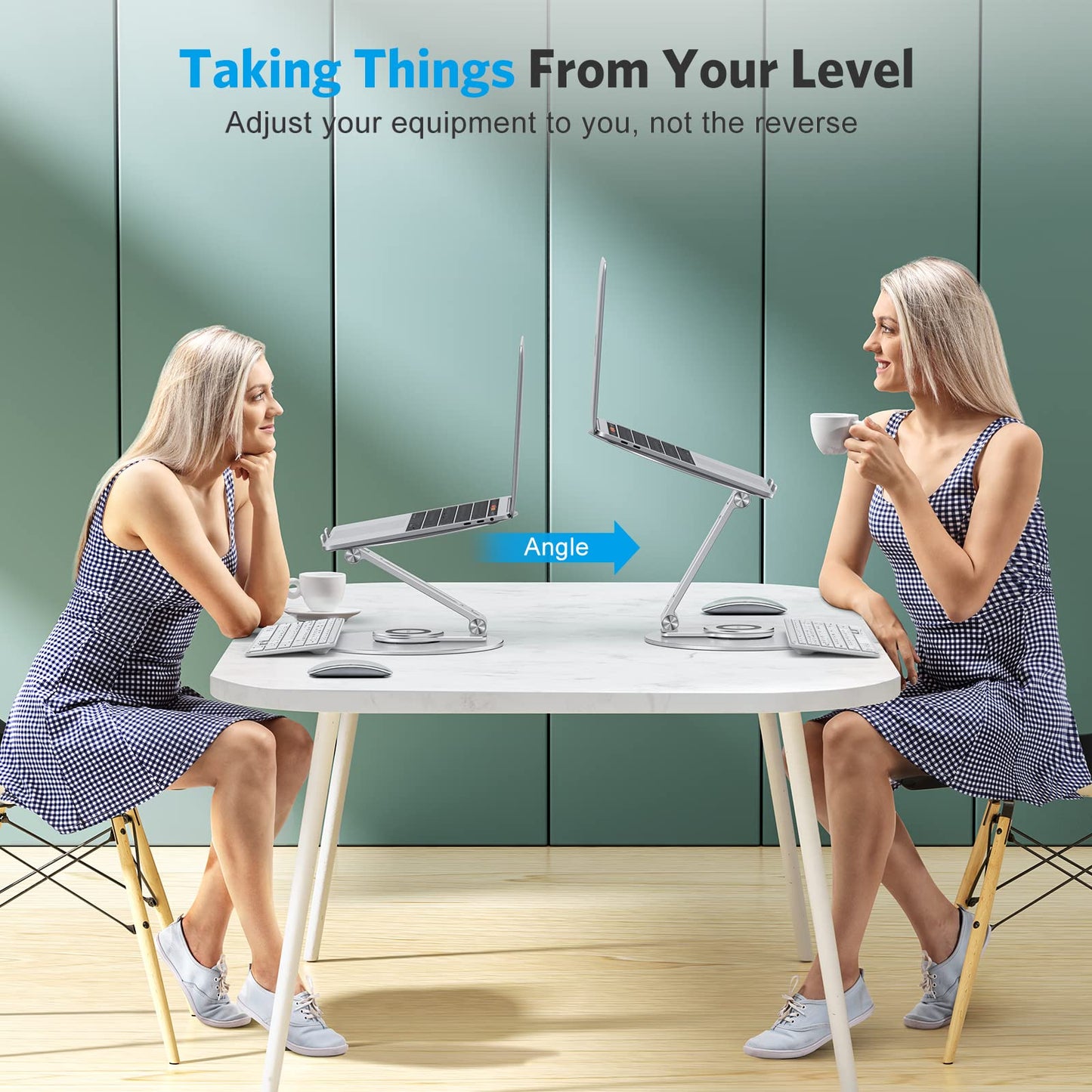 OMOTON Adjustable Laptop Stand with 360 Rotating Base, Ergonomic Laptop Riser for Collaborative Work, Dual Rotary Shaft Fully Foldable for Easy Storage, Fits All Laptops up to 16 inches, Silver