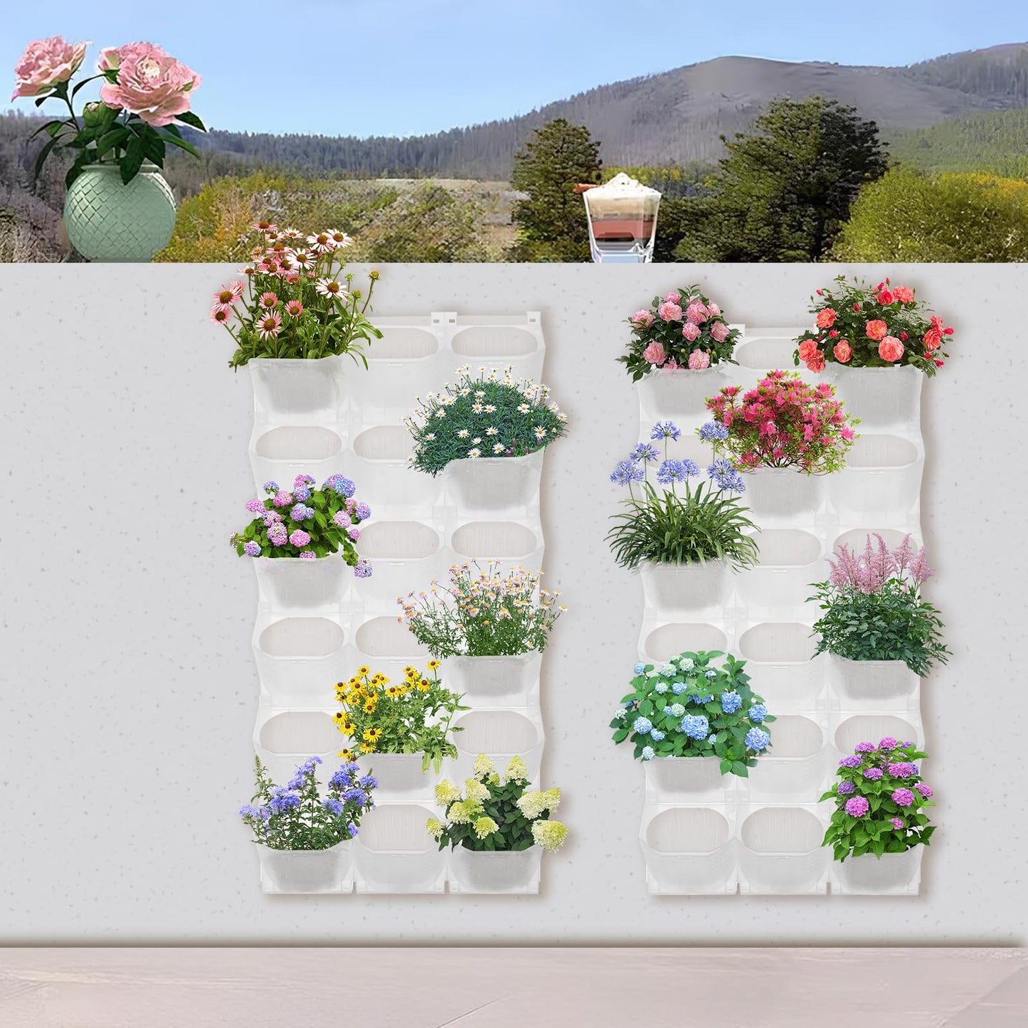 NTNOEA Vertical Wall Planter with 36 Self-Watering Pots, 180LB Capacity Stackable Garden Planter for Outdoor/Indoor, White Wall-Mounted Planters with Drip Irrigation for Herbs Flowers Vegetables