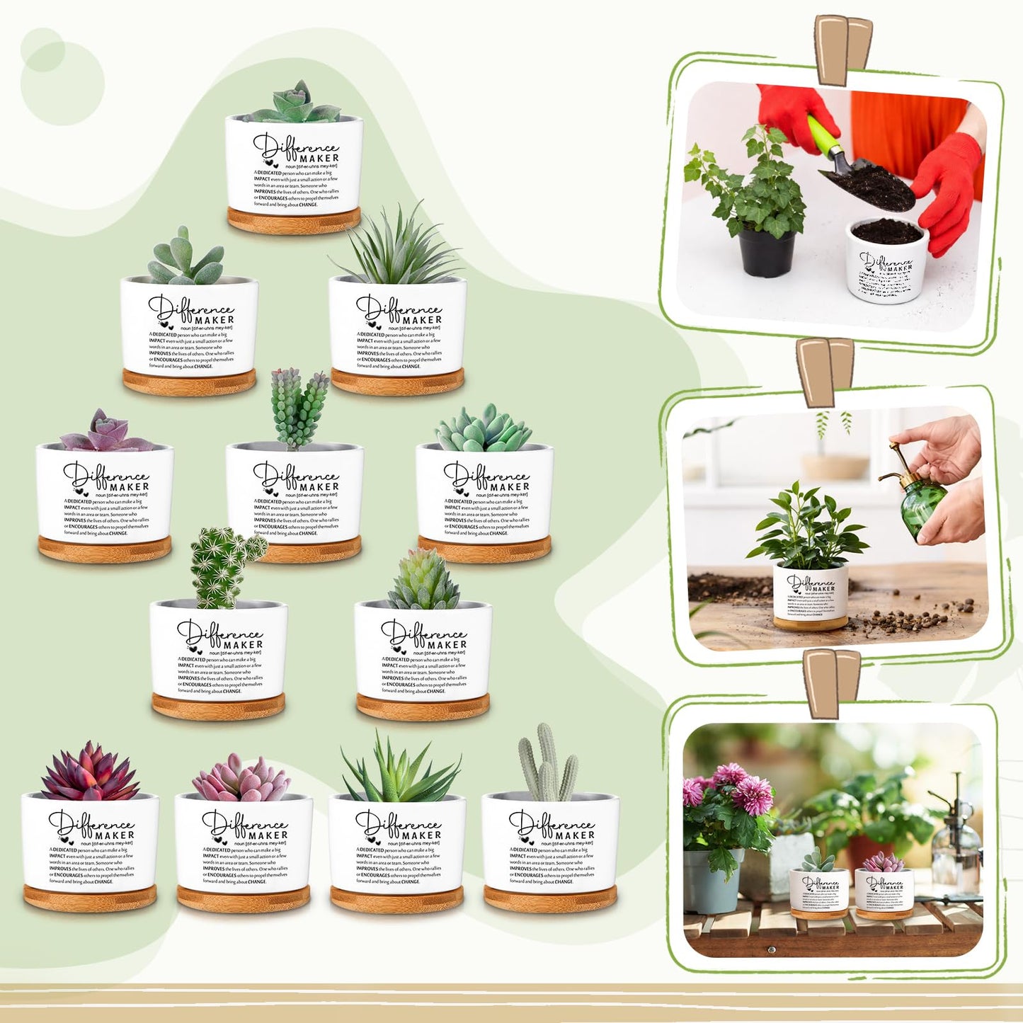 SEEWEY 12 Pcs Difference Maker Employee Appreciation Gifts Succulent Pots Bulk Inspirational for Coworker Team Small Ceramic Plant Pots with Bamboo Trays for Office Staff Women Men