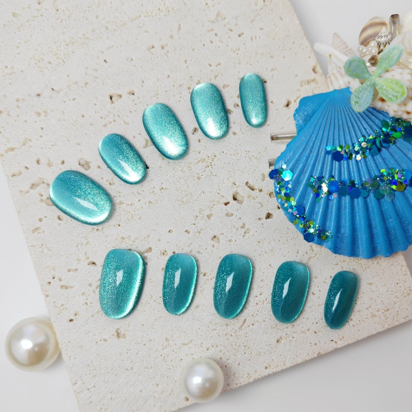 Cat Eye Press on Nails Handmade Short Oval/Square/Round False Nails with French Tip/Aurora/Magnetic Shimmer Designs (Side#Glass Sea S)