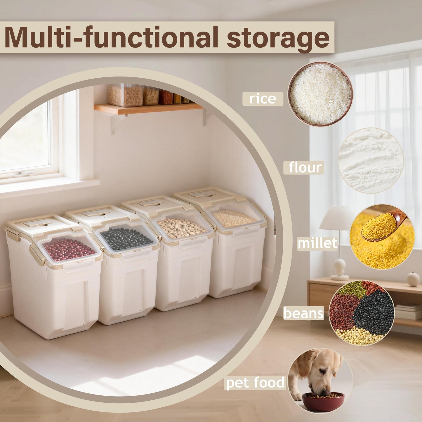 RUIAN 25lb Flour Rice Storage Containers Bin, Large Airtight Storage Container with Wheels Seal Locking Lid, with Measuring Cup&Scoop for Flour, Rice, Grain(Gray 4PCS)