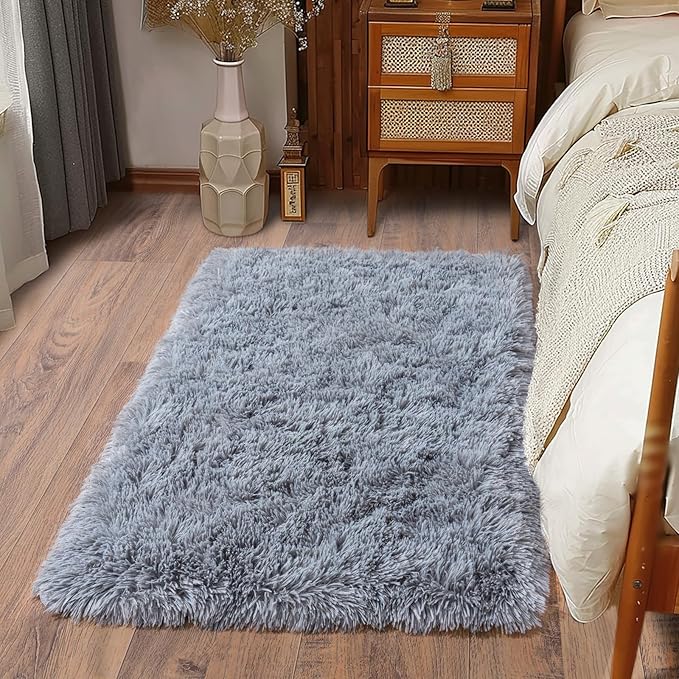 Soft Runner Rugs for Bedroom Hallways, 2x3 Grey Fluffy Shag Throw Area Rug Non Slip for Bedside Dorm, Long Shaggy Furry Carpet for Nursery Living Room