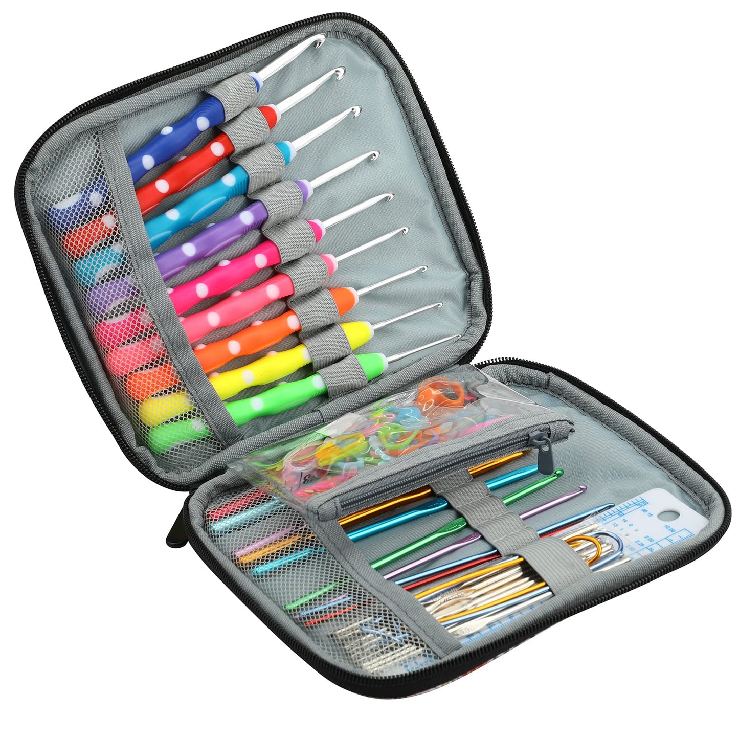 LOOEN Crochet Hooks Set-Yarn Needles Coloured Aluminum with Storage Case Rubbery Handle Ergonomic Comfort Grip DIY Craft Handmake Kit 64pcs
