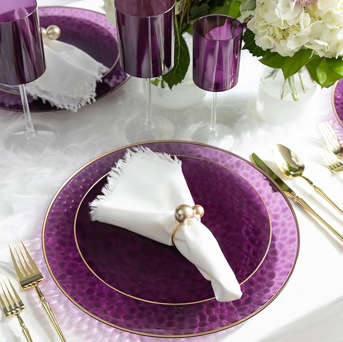 [Purple Hammered With Gold Rim 4 Pack] 13'' Charger Plates Purple Hammered With Gold Rim Plastic Heavy Duty Dinner Chargers Serveware Platters Tableware for parties, Weddings