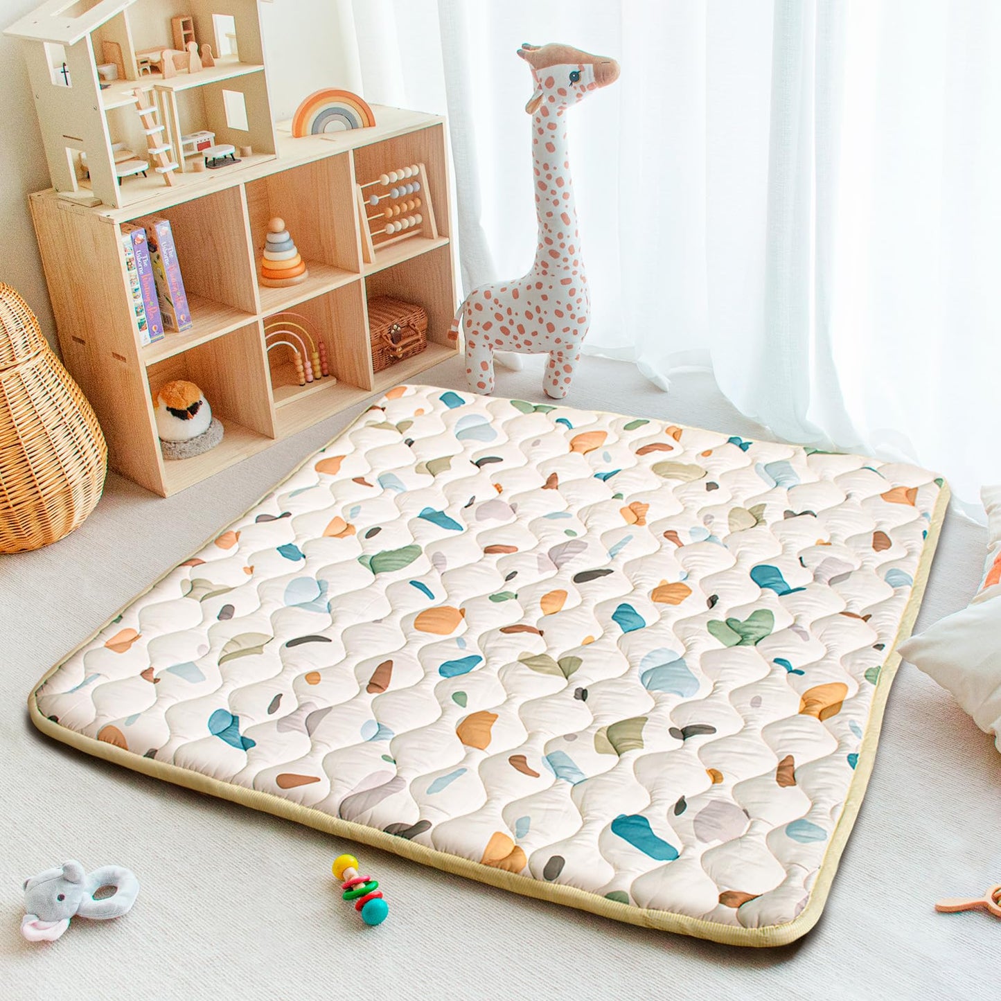 Beavtaens Baby Play Mat, 50x50 Playpen Mat with Super Soft Touch, Activity Playmat with Upgraded Anti-Slip Bottom, Machine Washable Crawling Mat for Floor & Picnic(Boho Color Blocks)