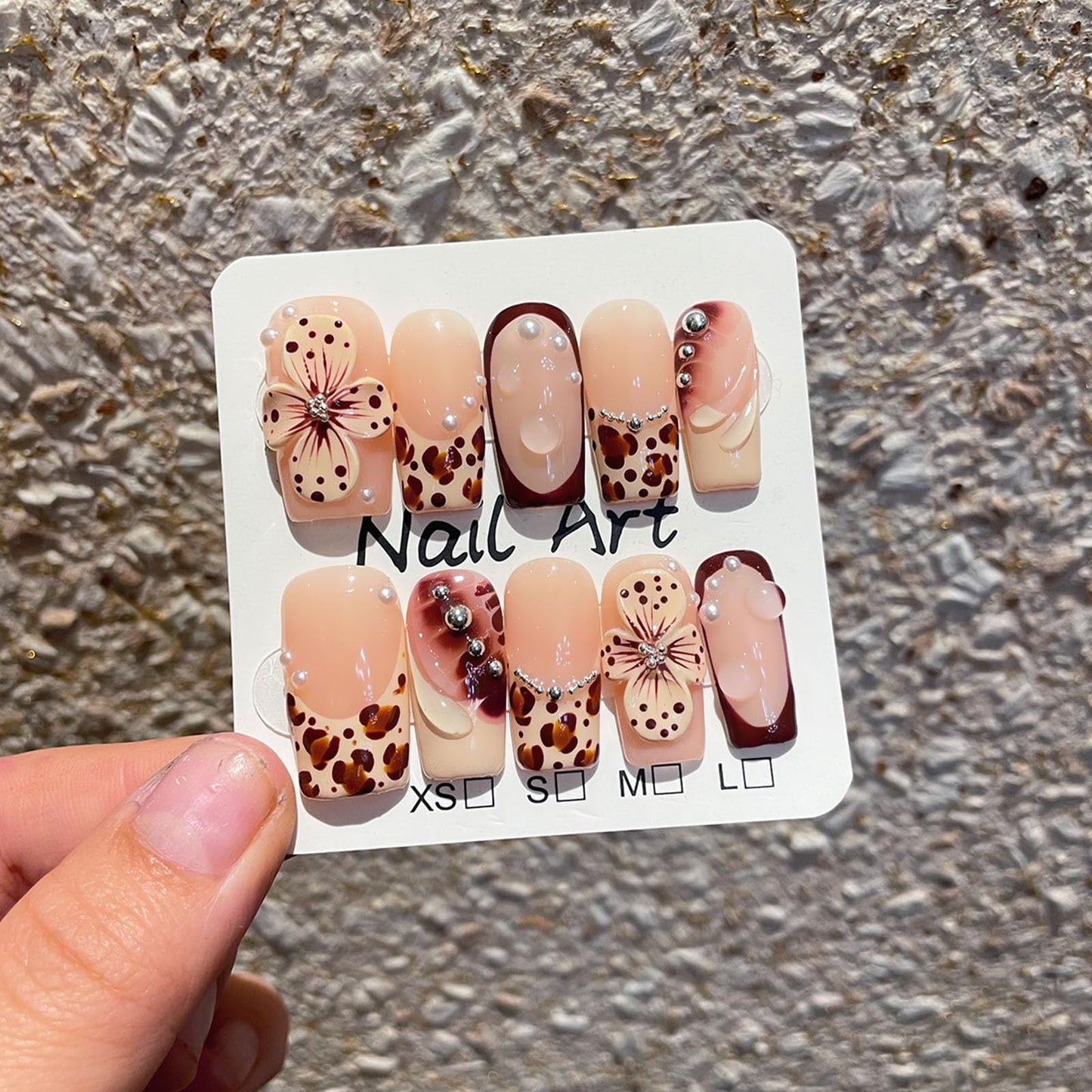 10 Pcs Handmade Press on Nails Medium Square Fake Nails with Brown Leopard Print French Tip Design 3D Flower False Nails Acrylic Nude Press Ons Nails Square M Size for Women Fall Manicure