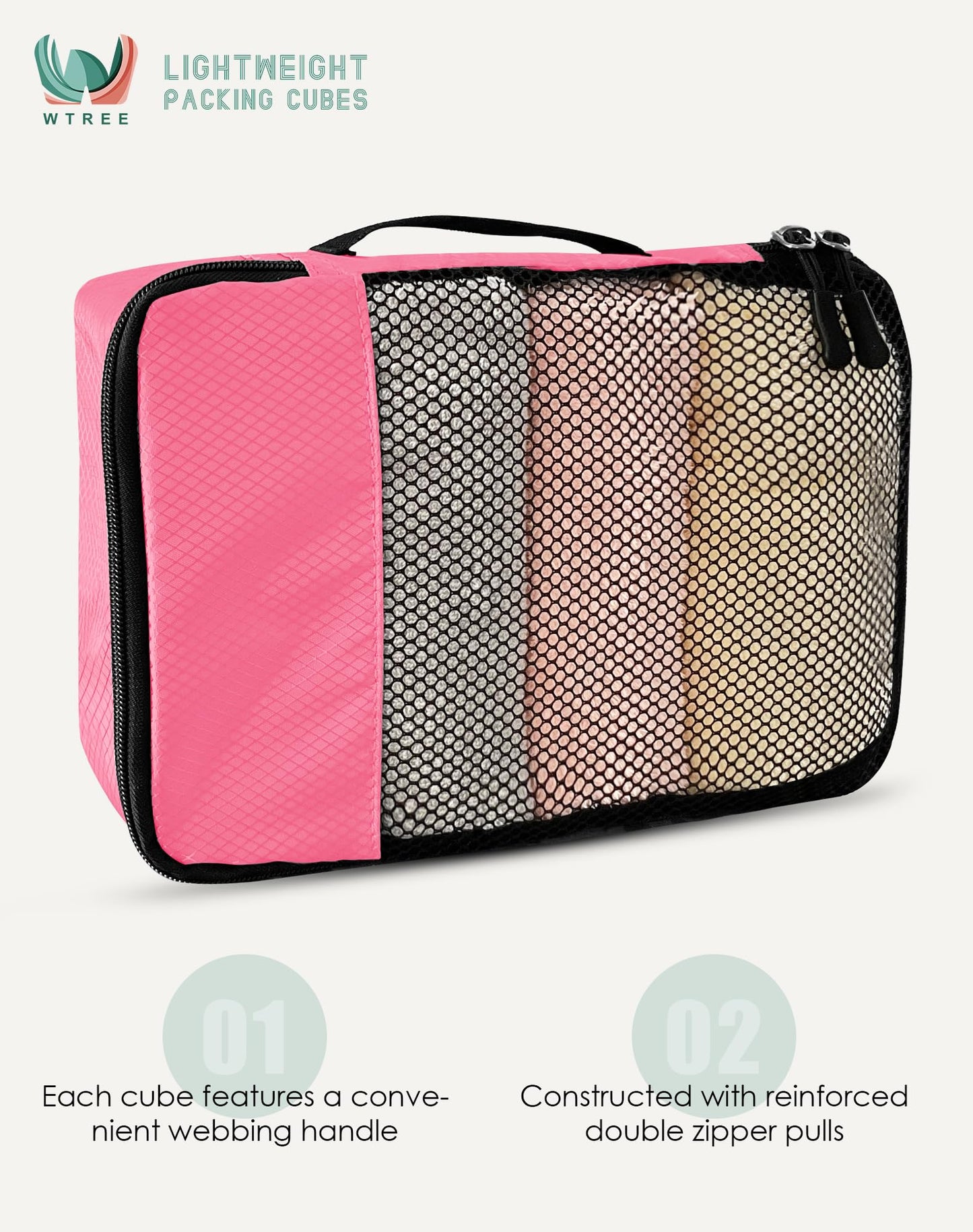 WTREE 4-Piece Packing Cubes Travel Accessories Set for Suitcases - Luggage Organizer Bags with Double Zipper - Mesh Top - Small/Medium/Large/Slim - Pink